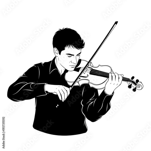 Young man playing the violin skillfully isolated on transparent background.