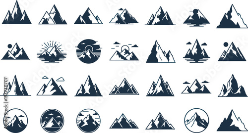 Mountain range icons, snowy peak silhouette, adventure travel symbols, nature landscape badges, outdoor hiking design, climbing equipment logo, wilderness summits