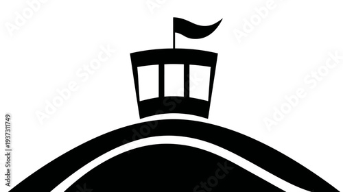 A stark black and white image of a tower on a curved structure with a waving flag at the top