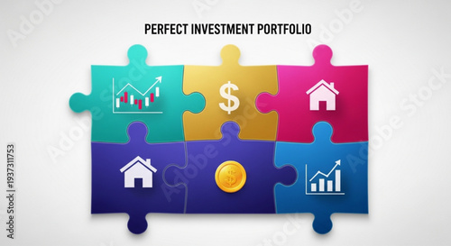 Conceptual vector illustration of puzzle pieces assembling into a perfect investment portfolio with financial icons and symbols