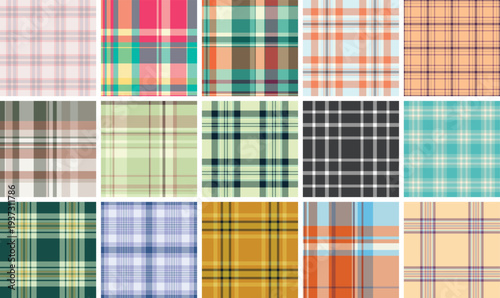 Plaid collection capturing industrial-grade textile patterns. Seamless vectors ideal for apparel, furniture fabrics, interior textiles, and digital mockups.
