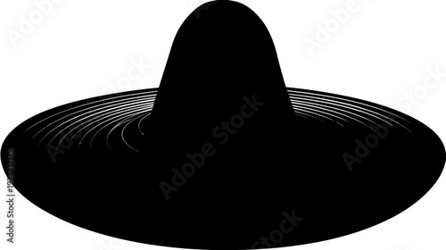A black and white abstract artwork features a rounded shape with radial lines on the brim