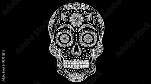 Black and white decorated skull design with floral elements, symmetrical and detailed