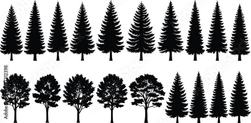 Pine and deciduous tree silhouette collection set conifer fir spruce and oak cad drawing flat vector illustration isolated on white