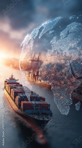 Global shipping logistics concept with cargo ship and digital world map