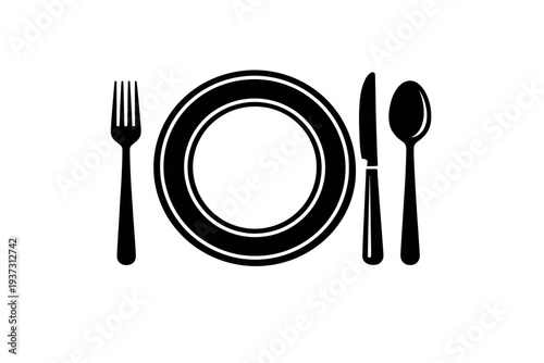 Stylish Black Silhouette Dining Place Setting Icon Design: A classic representation of a plate, fork, knife, and spoon arranged for a meal, perfect for culinary branding, restaurant menus, catering se