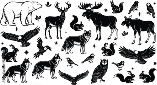 Wild animals silhouette collection with bear moose wolf eagle owl and squirrel cad drawing flat vector illustration isolated on white