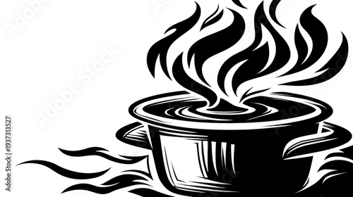 A monochrome illustration of a cooking pot with flames rising from it