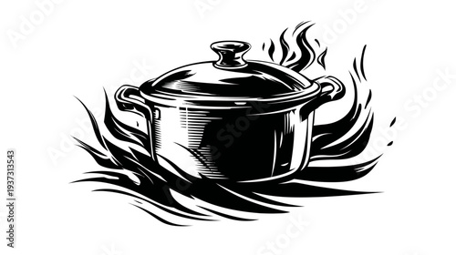 A black and white illustration of a lidded cooking pot engulfed in stylized flames and rising steam
