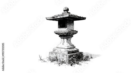 A weathered stone lantern in a monochrome illustration, set against a white background, with plant details
