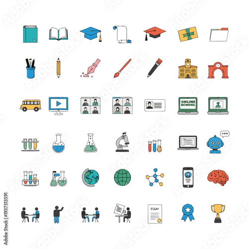 Colorful doodle icons representing education learning and school subjects
