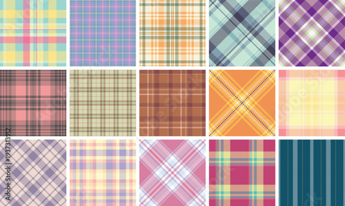 Festive plaid pattern pack created for New Year labels. Tartan designs add tradition to packaging details. Vector precision ensures clarity.