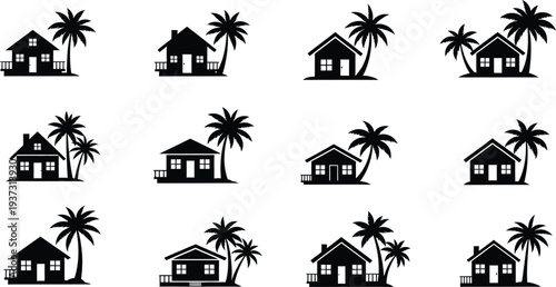 Tropical island houses and palm trees silhouette