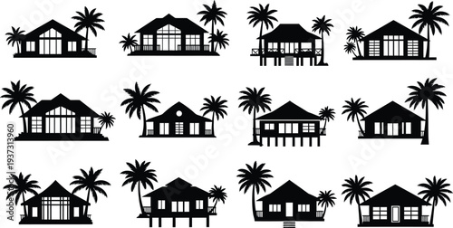 Tropical beach houses and palm trees silhouette