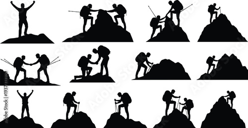 Collection of black silhouettes showing hikers climbing mountains and helping each other isolated on white background vector illustration.