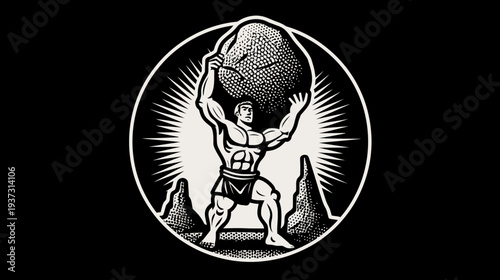 A muscular male figure struggling to lift a large stone within an oval