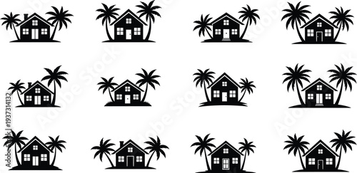 Tropical house silhouettes with palm trees