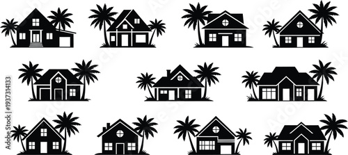 Tropical house silhouettes with palm trees