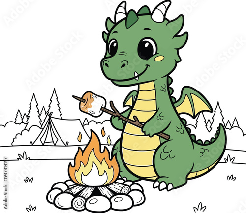 A green cartoon dragon sitting by a campfire in the wilderness