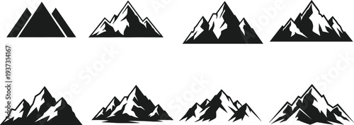 Mountain range logo icons, black silhouette peaks with pine trees, outdoor adventure emblems, nature landscape vector graphics, minimalist travel badges, exploration hiking elements