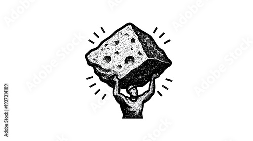 A human figure straining to hold up a large, textured bread-like object with radiating lines