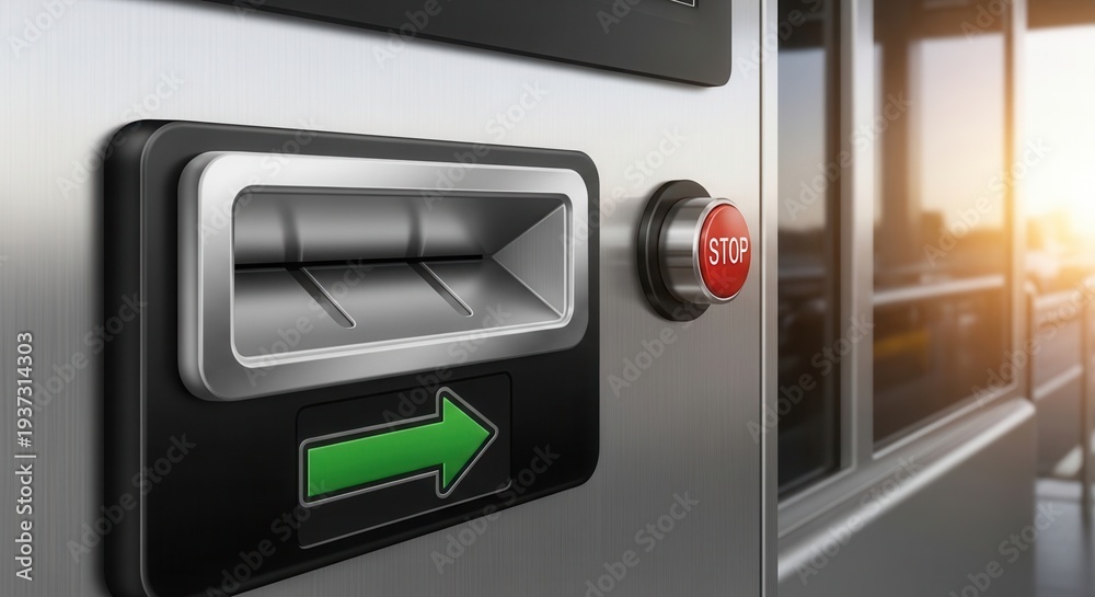 Fototapeta premium Metallic Automated Machine Close Up Showing a Stop Button and Deposit Slot