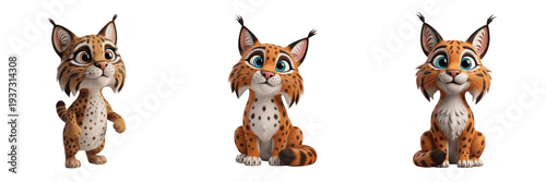 Three Cute Lynx Characters with Pointed Ear Tufts and Spotted Fur Isolated on White Background PNG for Kids Woodland Wildlife Animal Illustration Design Set Bundle