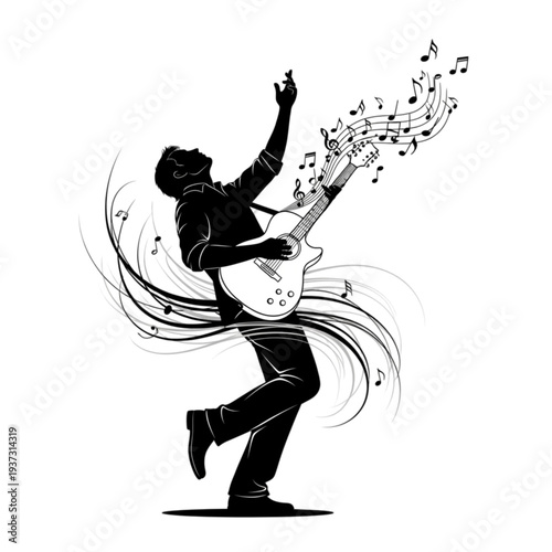 Man playing electric guitar with music isolated on transparent background.