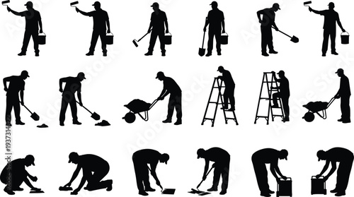 Construction, Worker, Silhouette, Labor, Manual, Task, Tool, Pose, Activity, Shovel, Ladder, Paint, Box, Kneeling, Standing, Gesture, Icon, Graphic, Job, Illustration