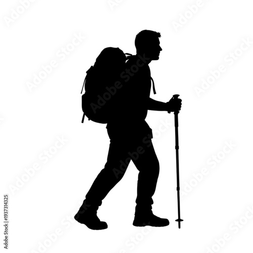 Man hiking with backpack and trekking pole isolated on transparent background.