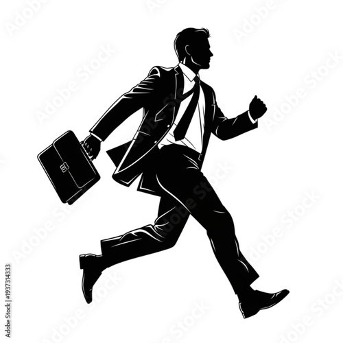 Businessman running with briefcase in hand isolated on transparent background.