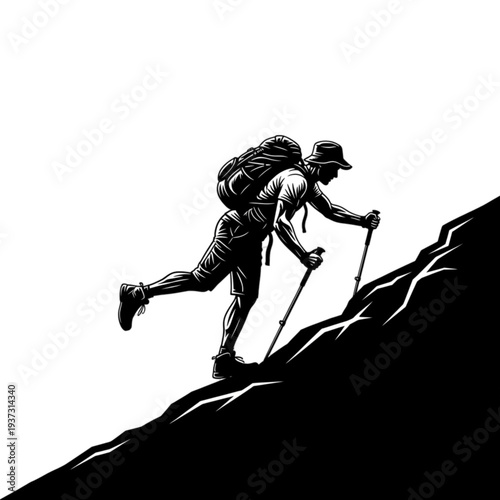 Man hiking on a steep mountain isolated on transparent background.