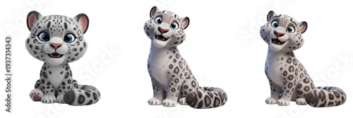 Three Cute Snow Leopard Cub Characters with Thick Spotted Fur and Blue Eyes Isolated on White Background PNG for Kids High-Altitude Wildlife Animal Illustration Design Set Bundle