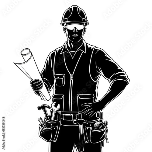 Construction worker with tool belt and plans isolated on transparent background.