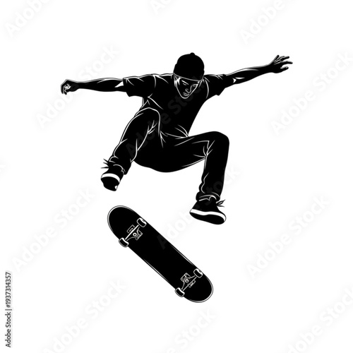 Teenager doing skateboard tricks in air isolated on transparent background.