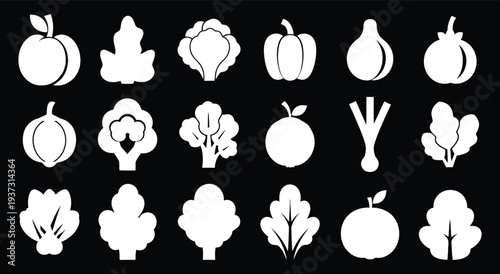 Collection of white vegetable and fruit silhouettes on black background