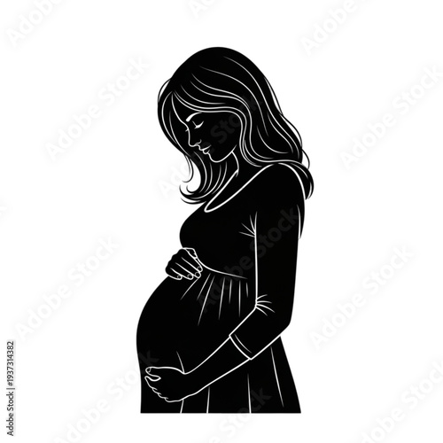 Pregnant woman silhouette holding belly tight isolated on transparent background.