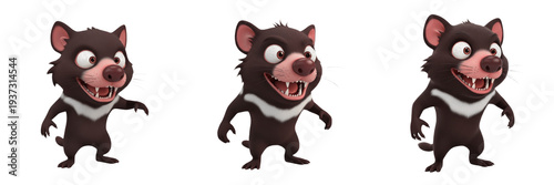 Three Cute Tasmanian Devil Characters with Sharp Teeth and Expressive Poses Isolated on White Background PNG for Kids Australian Wildlife Animal Illustration Design Set Bundle