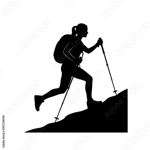 Hiker climbing mountain with trekking poles isolated on transparent background.