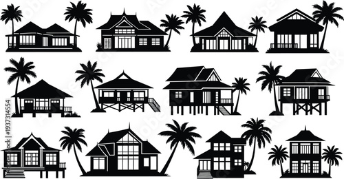 Tropical beach houses and palm trees silhouette