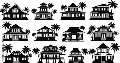 Collection of tropical house silhouettes with palm trees