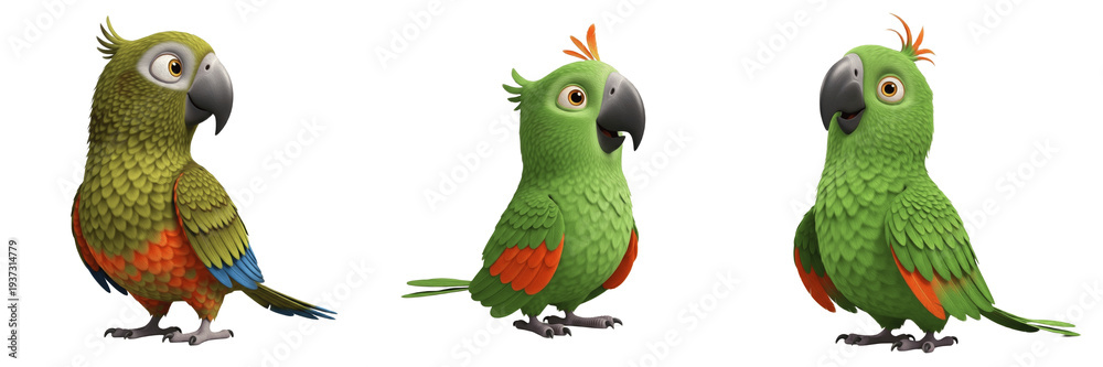 Obraz premium Three Cute Green Amazon Parrot Characters with Red and Blue Wing Details Isolated on White Background PNG for Kids Tropical Jungle Bird Illustration Design