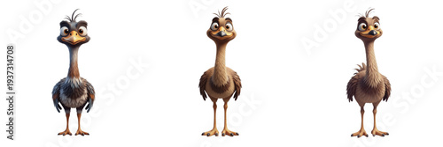 Three Cute Brown Emu Characters with Long Necks and Large Curious Eyes Isolated on White Background PNG for Kids Australian Outback Bird Wildlife Illustration Design Set