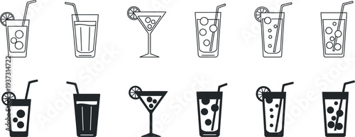 Collections of 12 flat and outline icons,Black and white illustrations of various cocktail icons pack