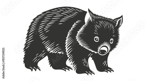 A detailed black and white illustration of a sturdy, furry marsupial in a walking stance