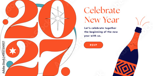 New Year 2027 Celebration – Modern Champagne Bottle Pop Illustration with Bold Typography, Festive Graphics, and Event Invitation Design for Posters & Holiday Promotions