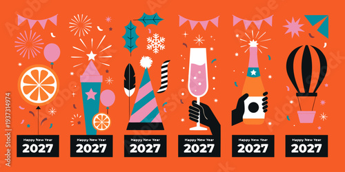 Happy New Year 2027 – Colorful Festive Panels with Fireworks, Balloons, Champagne, and Celebration Icons for Posters, Greetings, and Holiday Event Promotions