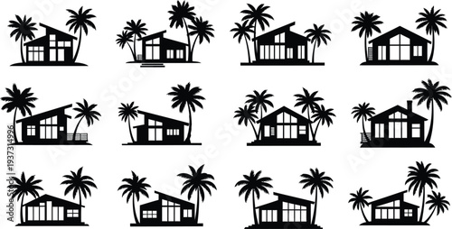 Tropical house silhouettes with palm trees
