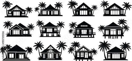 Collection of tropical house silhouettes with palm trees