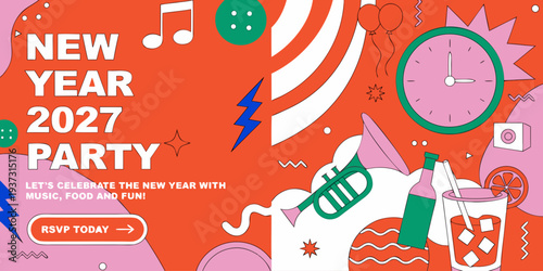 New Year 2027 Party – Festive Celebration Poster with Music, Food, Fun, Balloons, Confetti, and Colorful Graphics for Event Promotions & Invitations